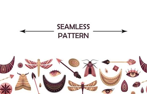 Horizontal vector seamless pattern with boho elements. Illustrazione stock