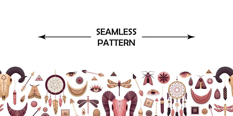 Horizontal vector seamless pattern with boho elements. Stock Illustration