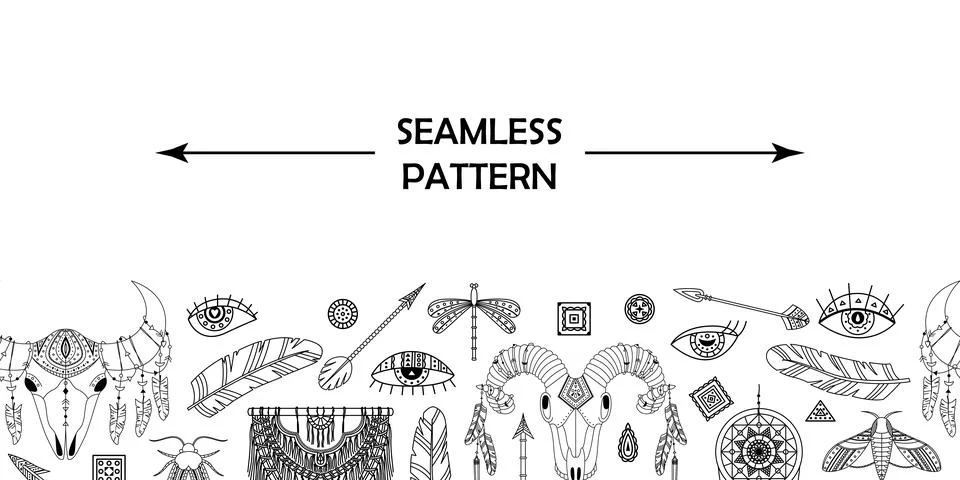 Horizontal vector seamless pattern with boho elements. Illustrazione stock