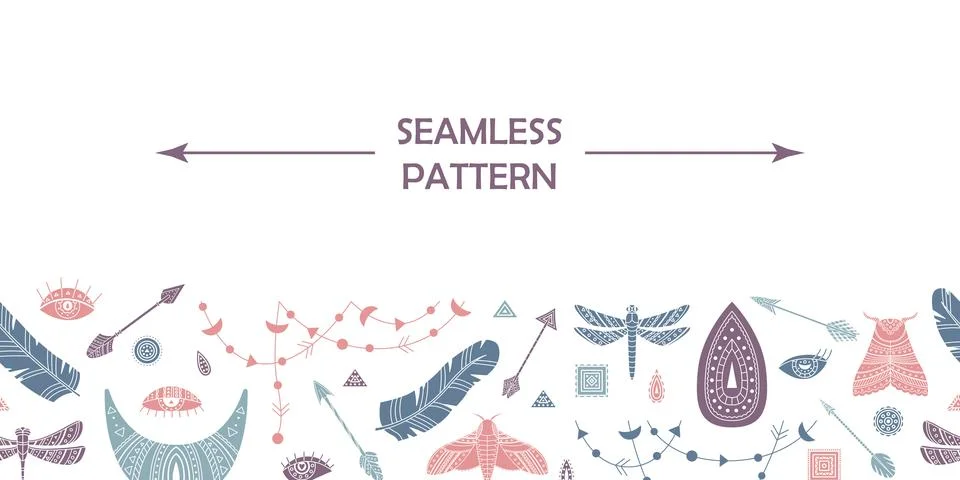 Horizontal vector seamless pattern with boho elements. Illustrazione stock