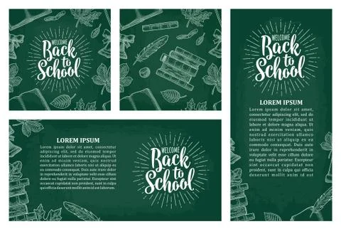 Horizontal, vertical posters and seamless pattern with leaf, book, bell Stock Illustration