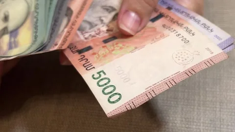 Horizontal video close up. Female hands count Armenian cash money Stock Footage 308342497
