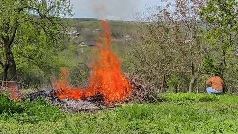 Horizontal video of a garden fire with a man working. Stock Footage 334181219