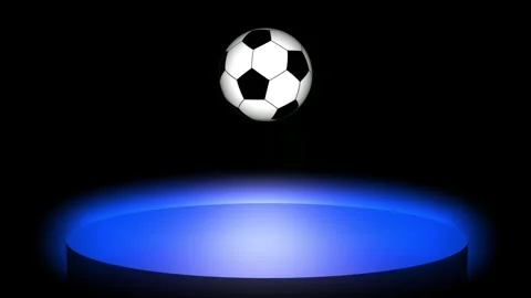Horizontal video of a soccer ball bouncing above a glowing blue neon podium Vídeos de archivo 335381293
