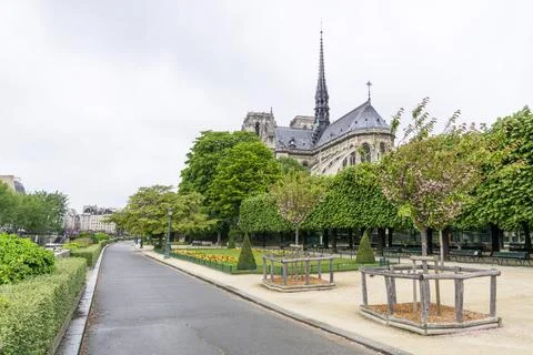 Horizontal view of back part Notre-dame Cathedral on a cloudy day Stock Photos