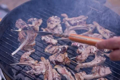 Horizontal view of BBQ full of lamb ribs. Stock Photos