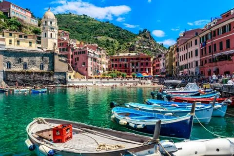 Horizontal View of Boats Moored in the Bay of Vernazza at Summer. Stock Photos