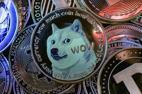 Horizontal view of cryptocurrency tokens, including Bitcoin, dogecoin, and Stock Photos