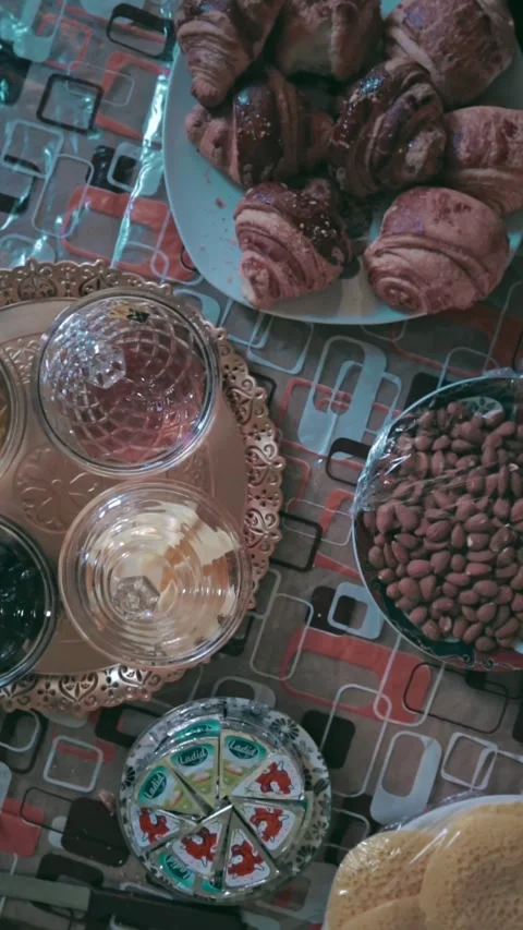 Horizontal view of Eid breakfast in a Moroccan home Stock Footage 303967382