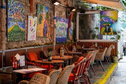 Horizontal View of Painted Cafe in Old Town Budva Montenegro December 4 2025 Stock Photos
