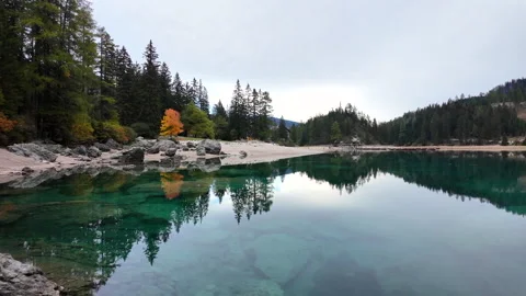 Horizontal view of pine forest and lone autumn tree reflected on Lake Braies. Vídeos de archivo 348035981