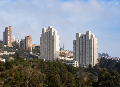 Horizontal view of a residential complex surrounded by nature Stock Photos