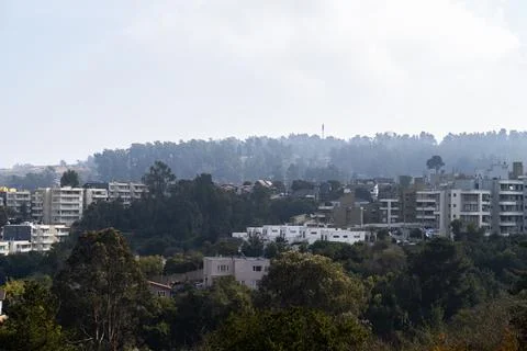 Horizontal view of a residential complex surrounded by nature Stock Photos
