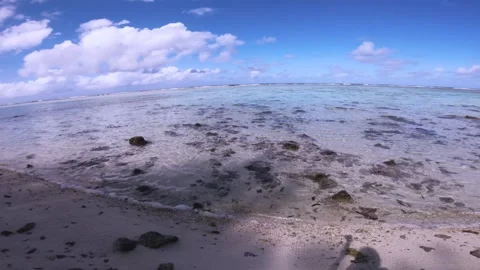 Horizontal view of sandy rocky beach of Koromiri look out to pacific horizon and Stock Footage 250401920