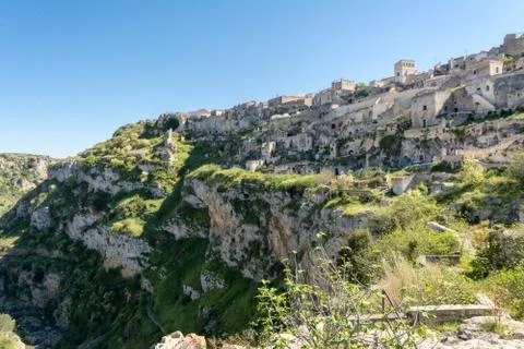 Horizontal View of the Sassi of Matera on Blue Sky Background. Matera, South 库存照片