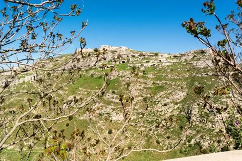 Horizontal View of the Sassi of Matera on Blue Sky Background. Matera, South 库存照片