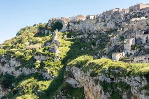 Horizontal View of the Sassi of Matera on Blue Sky Background. Matera, South Stock Photos