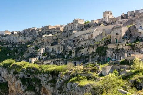 Horizontal View of the Sassi of Matera on Blue Sky Background. Matera, South Stock Photos
