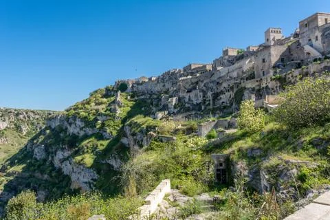 Horizontal View of the Sassi of Matera on Blue Sky Background. Matera, South 库存照片