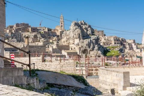Horizontal View of the Sassi of Matera on Blue Sky Background. Matera, South Stock Photos