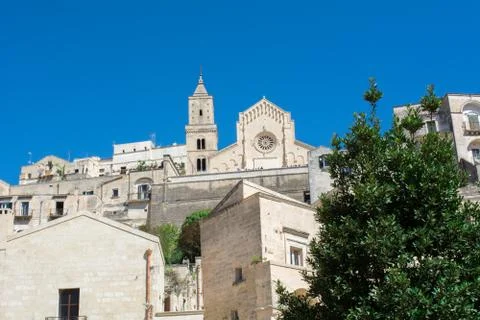 Horizontal View of the Sassi of Matera on Blue Sky Background. Matera, South Stock Photos