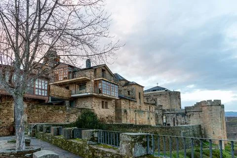 Horizontal view of the wall, house and stone castle of Puebla de Sanabria in  Stock Photos