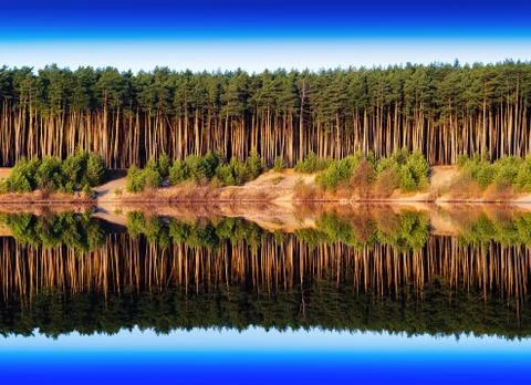 Horizontal vivid river side dramatic forest reflection backgroun Foto stock