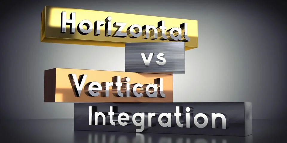 Horizontal vs vertical integration - words on metal blocks - 3D illustration Stock Illustration