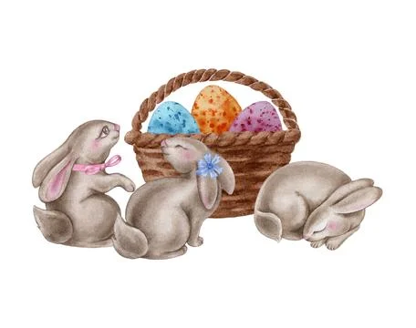 Horizontal watercolor easter composition of bunnies with eggs in a basket Stock Illustration