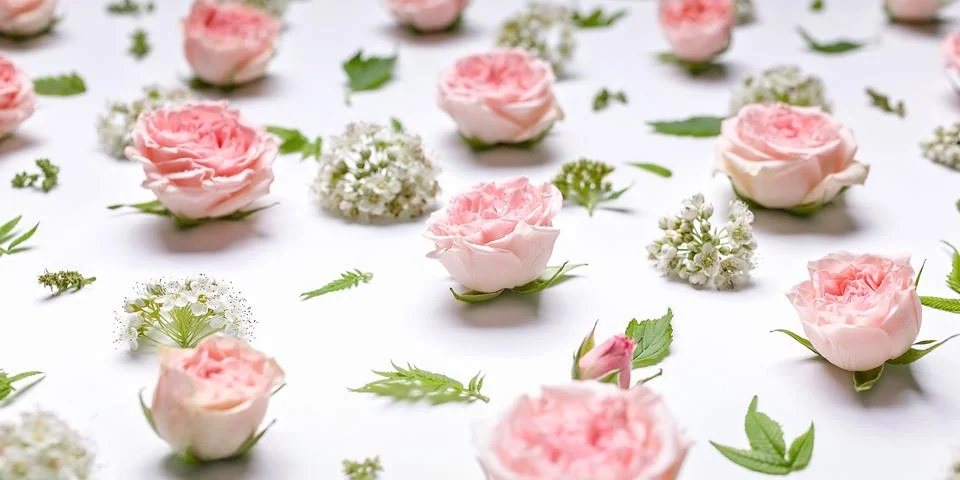 Horizontal web banner flower pattern: rosebuds, hawthorn flowers, rowan leave Foto stock
