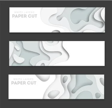 Horizontal white banners with 3D abstract background, white paper cut shapes Stock Illustration