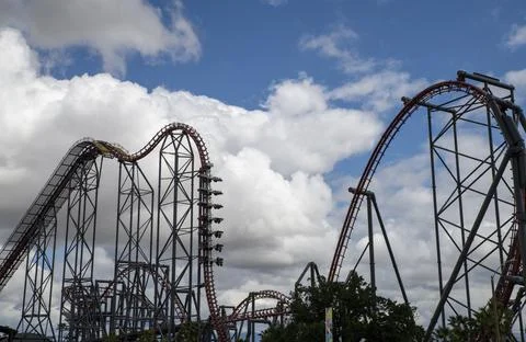 Horizontal wide angle roller coaster Six Flags Magic Mountain Stock Photos