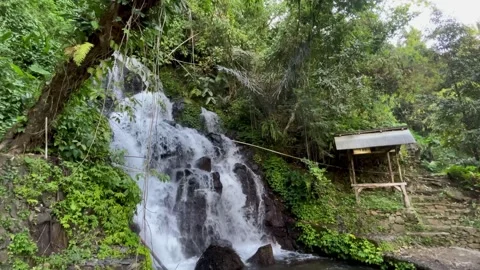 Horizontal Wide Shot of Bali Waterfall and Rustic Wooden Hut Stock Footage 339249977