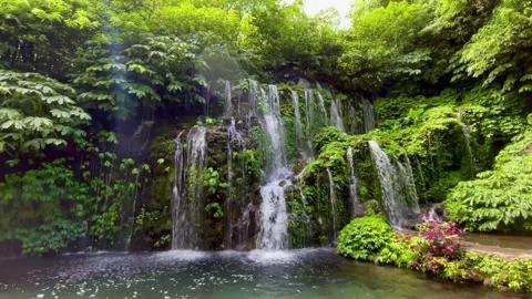 Horizontal Wide Static Shot of Serene Curtain Waterfall in Bali Stock Footage 339449666