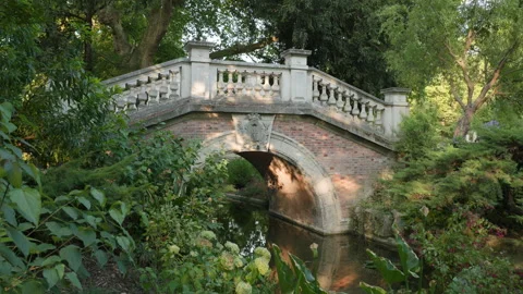 Horizontal Wide View of Historic Stone and Brick Arch Bridge in Parc Monceau Stock Footage 340477388