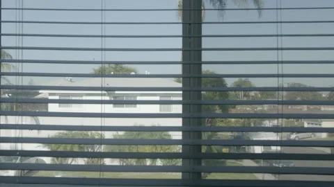Horizontal Window Blinds Closing on Suburban View Stock Footage 343093039
