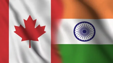 The horizontally aligned combined Canada and India flags are waving in the wind. Stock Footage 293572636