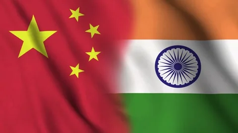 The horizontally aligned combined China and India flags are waving in the wind. Stock Footage 293572631