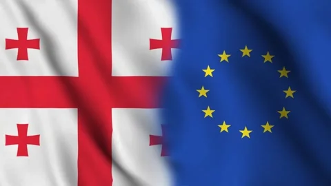 The horizontally aligned combined Georgia and EU flags are waving in the wind Stock Footage 295226712