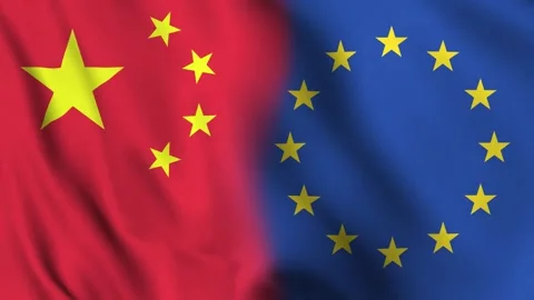 Horizontally aligned EU and China flags wave in realistic animation. Stock Footage 337679944