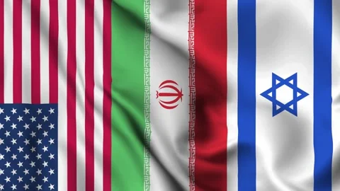 Horizontally aligned Iran, USA, and Israel flags wave in realistic animation. Stock Footage 337102449