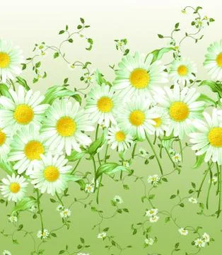 Horizontally repeating pattern of large and small daisies Stock Illustration