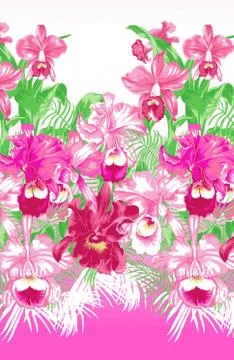 Horizontally repeating tropical floral pattern with orchids and palm leaves Stock Illustration