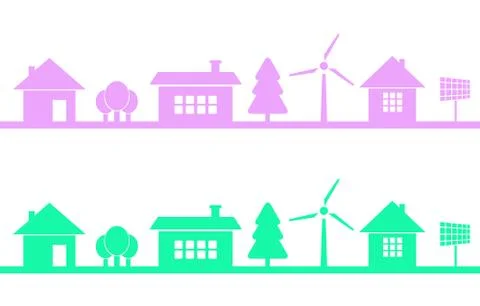 Horizontaly seamless pattern of homes and buildings. Town or city with green 스톡 일러스트