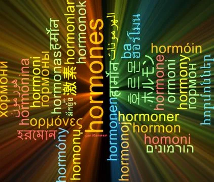 Hormones multilanguage wordcloud background concept glowing Stock Illustration