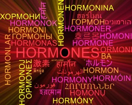 Hormones multilanguage wordcloud background concept glowing Stock Illustration