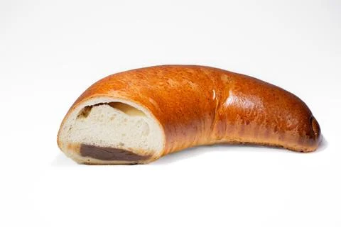 Horn with jam in section on a white background. Horn bun from Berdyansk bakery Stock Photos