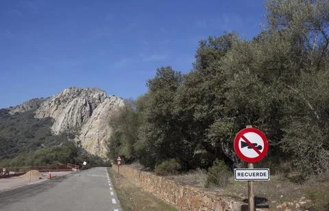 Horn prohibited sign next to Salto del Gitano rockface, especial protected ne Stock Photos
