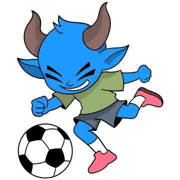Horned devil is happily playing soccer dribbling a ball Stock Illustration