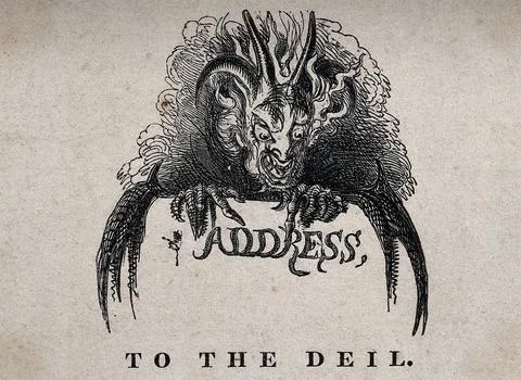 A horned devil is writing the word address with his claw. Wood engraving by.. Stock Illustration